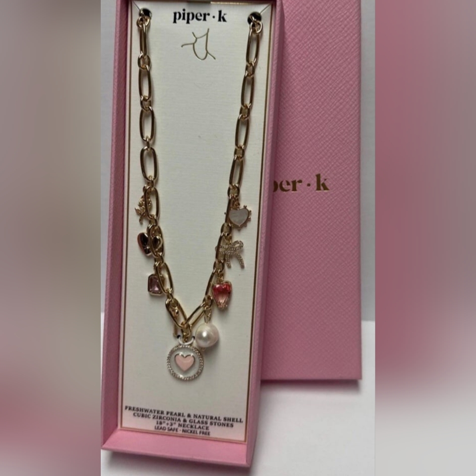 Piper K 18” + 3” Gold Tone Heart Necklace Cubic Zirconia Glass Stones New Trendy